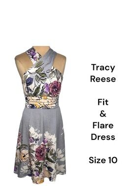 Tracy Reese blue gray floral silk crepe fit and flare dress watercolor floral